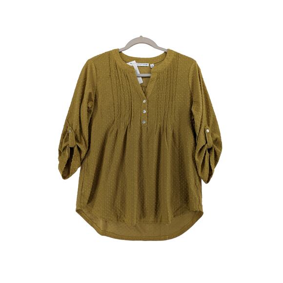 Notations Textured Blouse M Brown Split VNeck Button Roll Cuff Sleeve Hi Low Hem - Picture 9 of 9